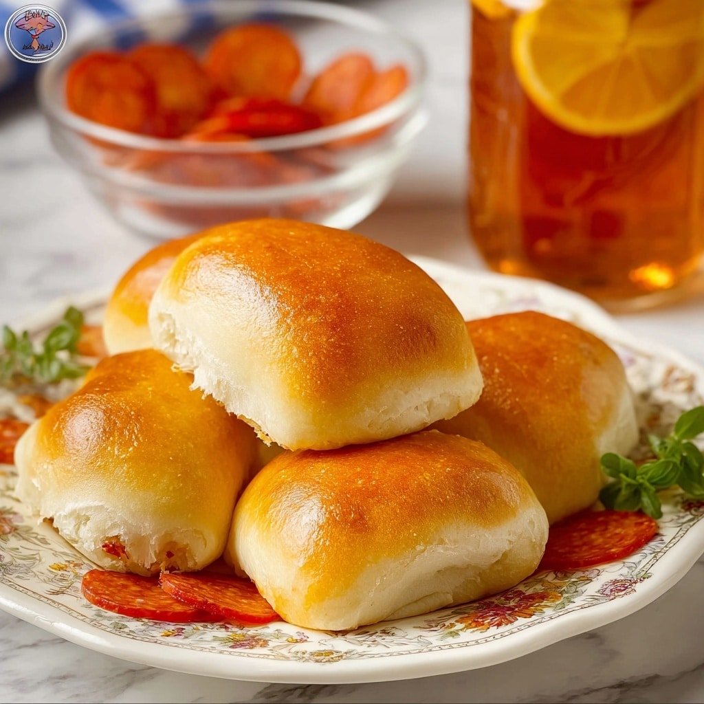 The image shows a close-up of golden brown pepperoni rolls with a soft, shiny bread crust on a white plate decorated with pepperoni slices. One roll is broken open, revealing three inside layers: a white creamy cheese layer, a slightly melted white cheese layer with stretch, and bright red pepperoni slices. The rolls are arranged close together on the plate with fresh green parsley in the blurred background and an out-of-focus cup of orange drink on the white marbled surface. photo taken with an iphone --ar 4:5 --v 7
