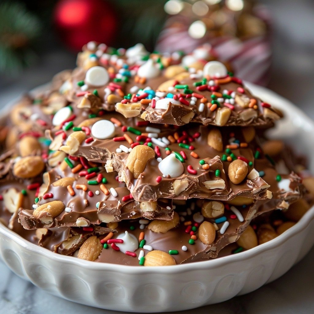 Clusters of milk chocolate hold together light brown nuts and are topped with green and red round sprinkles, spread out on a white marbled surface. Each cluster has a rough, uneven texture with nuts partly visible under the shiny chocolate layer. One cluster is in the front center and has a bite taken out of it, showing the inner nuts and chocolate layers. The chocolate coating is thick and smooth, with the colorful sprinkles adding small pops of color. Photo taken with an iphone --ar 4:5 --v 7