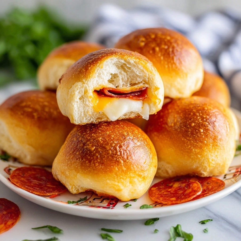 The image shows four small golden brown rolls with a smooth, slightly shiny baked dough exterior, arranged on a white patterned plate. Each roll is oval-shaped and tightly wrapped, with the dough ends tucked under. Around the rolls, there are several thin slices of bright red pepperoni adding a pop of color. In the background, there is a glass jar filled with iced tea and lemon slices, slightly blurred. The plate sits on a white marbled surface. Photo taken with an iphone --ar 4:5 --v 7