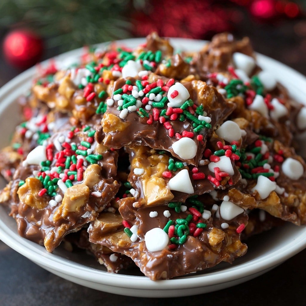 Several milk chocolate clusters are spread on a white marbled surface. Each cluster is made of a thick, smooth layer of milk chocolate mixed with whole peanuts visible underneath the shiny chocolate coating. The clusters have an uneven, bumpy shape with a glossy texture. On top of the chocolate, red and green sprinkles are scattered, adding bright touches of color. The clusters appear soft and rich with a festive look. Photo taken with an iphone --ar 4:5 --v 7