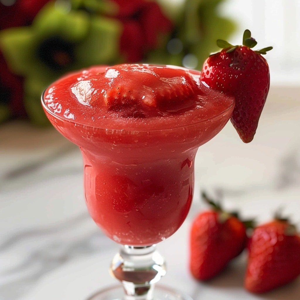 The image shows two clear margarita glasses filled with a bright red, smooth frozen strawberry drink that has a thick texture and some soft peaks on the surface. Each glass is garnished with a whole fresh strawberry placed on the rim, adding a fresh green and red contrast. The glasses stand on a white marbled surface, with a simple light blue background that softly fades, giving the image a clean and fresh look. The focus is sharp on the front glass, while the second glass in the background is slightly blurred, creating depth. photo taken with an iphone --ar 4:5 --v 7