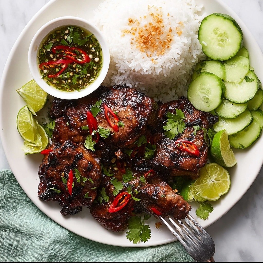 The dish shows a white plate with steamed white rice forming the bottom layer, topped with sliced grilled chicken that has a charred, caramelized brown crust and juicy, tender inside. A glossy, spicy sauce with green herbs and red chili slices is drizzled over the chicken, with some pooling on the rice. On the side, several thin cucumber slices and two lime wedges add fresh green and yellow colors. A silver fork is holding one piece of chicken, lifting it slightly from the rice. The plate rests on a white marbled surface. Photo taken with an iphone --ar 4:5 --v 7