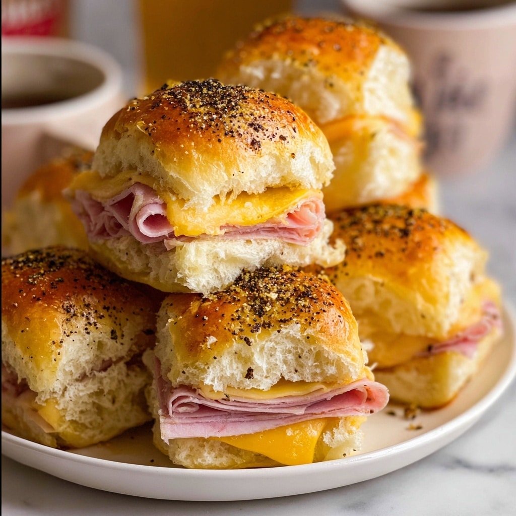 A woman's hand is holding a sandwich with three clear layers: the top layer is a golden, shiny bun sprinkled with black seeds, the middle layer is folded slices of pink ham mixed with melted light yellow cheese, and the bottom layer is a soft white bun. Surrounding the sandwich held are more sandwiches with the same golden, seeded top buns and visible ham and cheese inside. All the sandwiches rest on a white marbled surface with a blurred green and white background. photo taken with an iphone --ar 4:5 --v 7