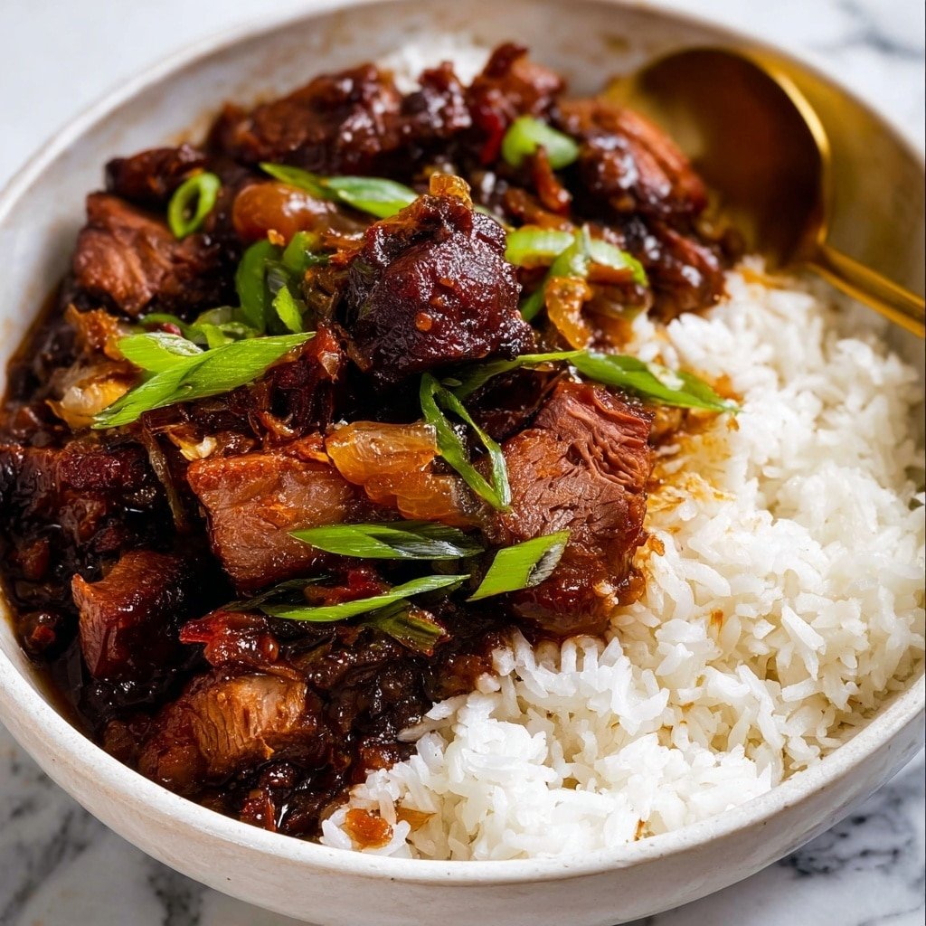 The image shows a close-up of a white plate filled with white rice spread as the base layer, topped with tender, shredded brown meat coated in a glossy, dark brown sauce with visible green herb pieces sprinkled on top. The meat appears soft and juicy, with strands pulling apart, and some chunks are larger and more solid. The rice has been soaked slightly in the sauce, giving parts of it a light brown hue. A spoon is partially visible on the right side of the plate, interacting with the rice and meat. The plate sits on a white marbled surface. Photo taken with an iphone --ar 4:5 --v 7