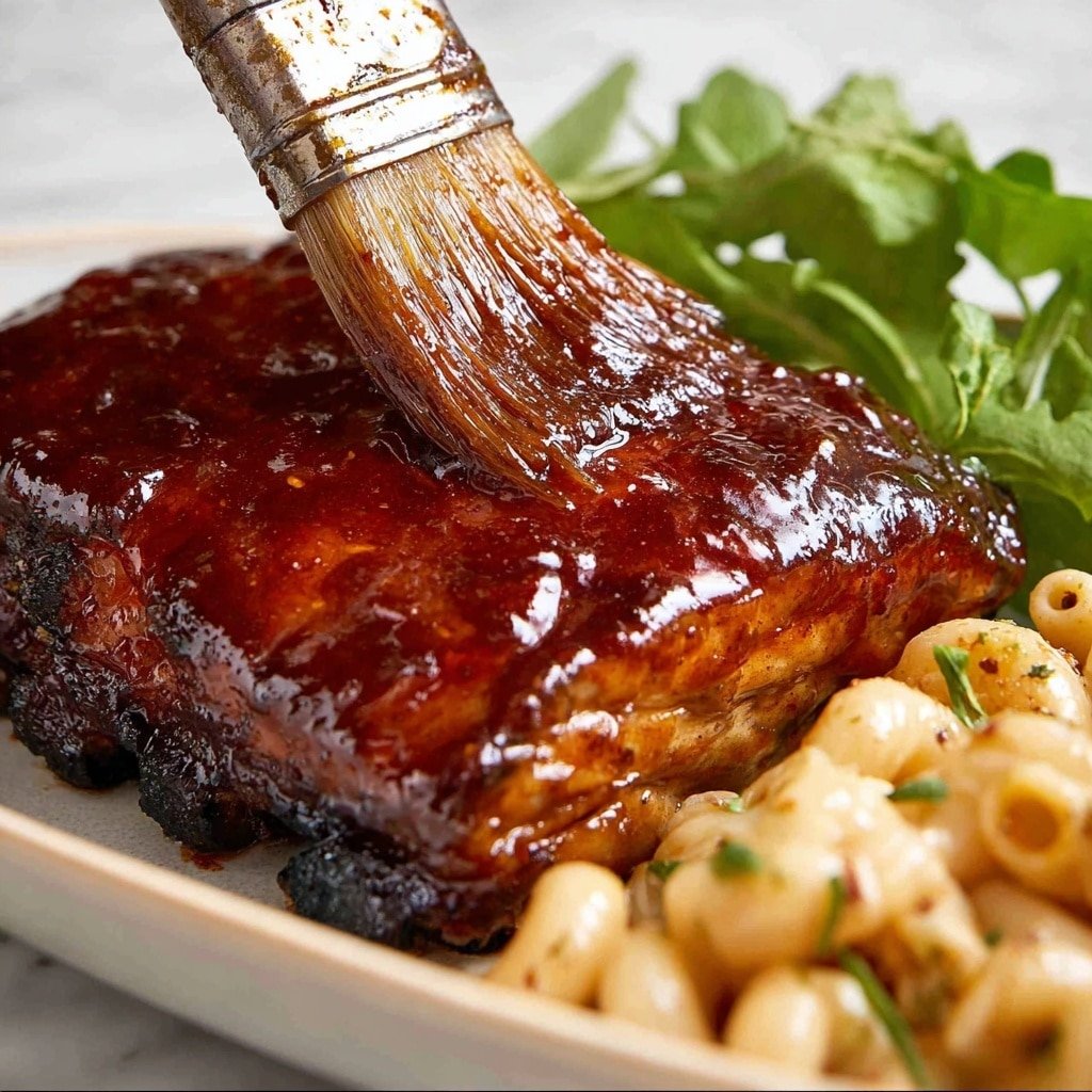The image shows two pieces of dark brown glazed meat lying side by side on a white plate, with a shiny sauce brushed on top by a woman’s hand holding a brush. To the right of the meat, there is a small pile of light beige pasta with herbs and bits of red seasoning, giving it a creamy texture. Behind the pasta, there is a small bunch of fresh green leaves that add a pop of color. The plate rests on a white marbled surface. photo taken with an iphone --ar 4:5 --v 7
