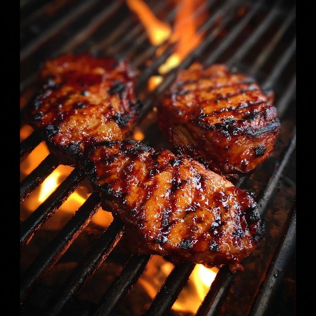 A close-up view of a white plate showing two pieces of dark brown glazed meat with a shiny, sticky texture on the bottom half, sprinkled lightly with small green herb pieces, beside a creamy macaroni salad made of elbow pasta with bits of red and green vegetables mixed in. To the left, there is a small bunch of fresh green arugula with a drizzle of balsamic glaze. The plate rests on a white marbled surface. photo taken with an iphone --ar 4:5 --v 7