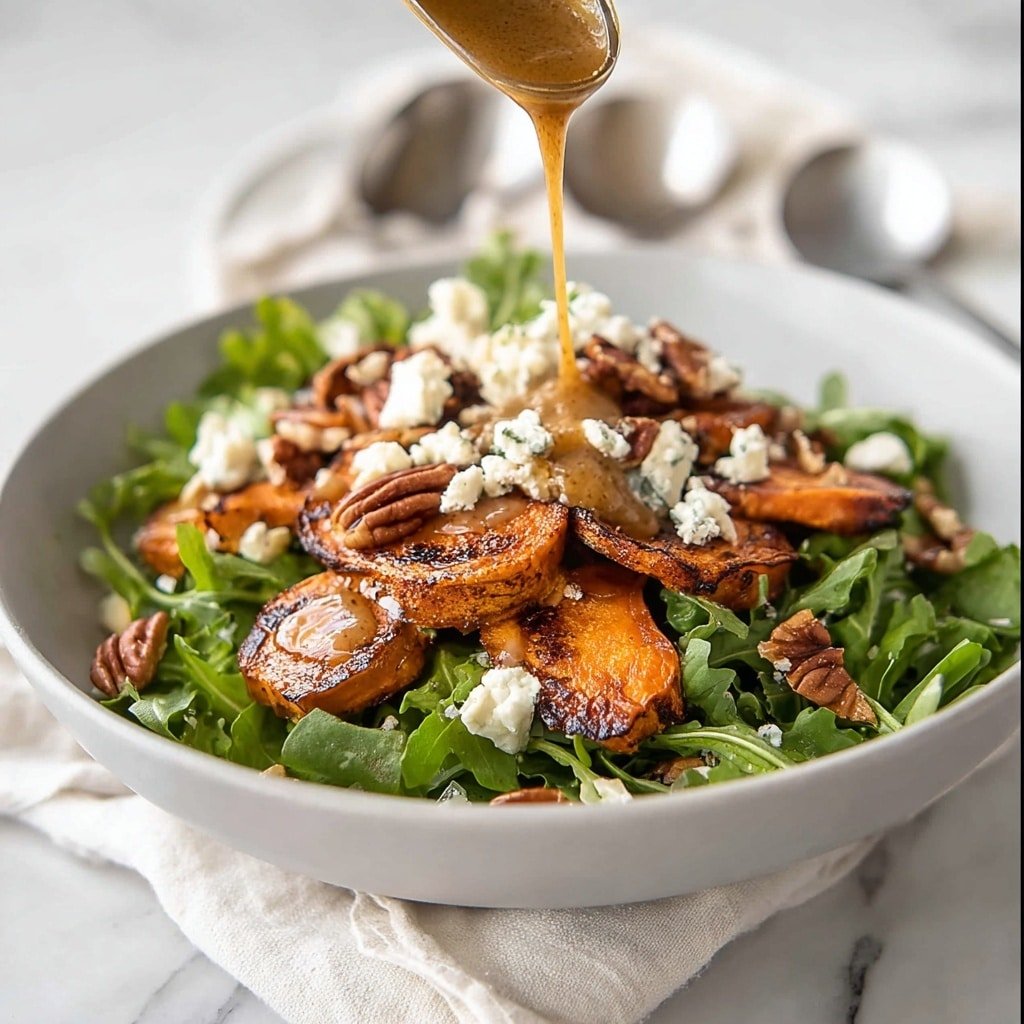 This dish shows a white bowl filled with fresh green arugula leaves as the base layer. On top of the greens, there is a generous layer of warm, caramelized brown sliced butternut squash with a slightly charred, glazed look. Scattered over the squash are crunchy, reddish-brown pecan halves. Finally, soft, white crumbles of goat cheese are sprinkled over everything, adding a creamy texture and bright contrast. The bowl sits on a white marbled surface. photo taken with an iphone --ar 4:5 --v 7