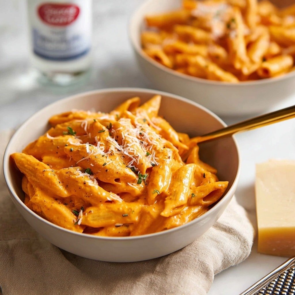 A close-up view of two white bowls filled with creamy orange pasta made of penne, coated thickly with smooth sauce, topped with a sprinkle of finely grated white cheese and small green herb bits. The bowls sit on a beige cloth over a white marbled surface. In one bowl, a gold spoon is resting inside the pasta, and a block of cheese with a grater is near the front right corner. In the background, there is a blurry white bottle with blue and red text. Photo taken with an iphone --ar 4:5 --v 7