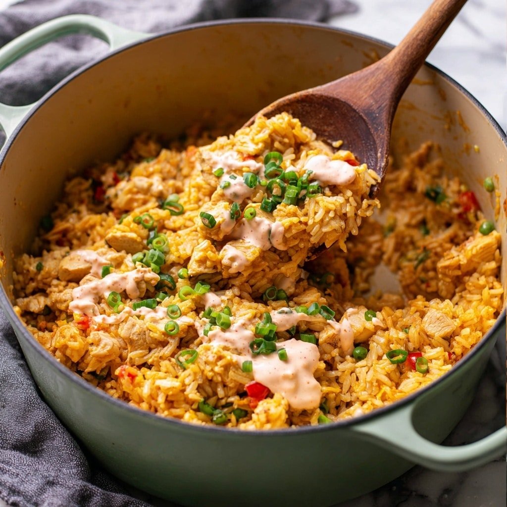The image shows a large light green pot filled with yellow-orange rice mixed with chunks of cooked chicken and small pieces of red and green vegetables. There are dollops of creamy light pink sauce on top, sprinkled with chopped green onions. A wooden spoon is lifting a portion of the rice mixture, highlighting the texture and colors of the dish. The pot is set on a white marbled surface with a grey cloth nearby. Photo taken with an iphone --ar 4:5 --v 7