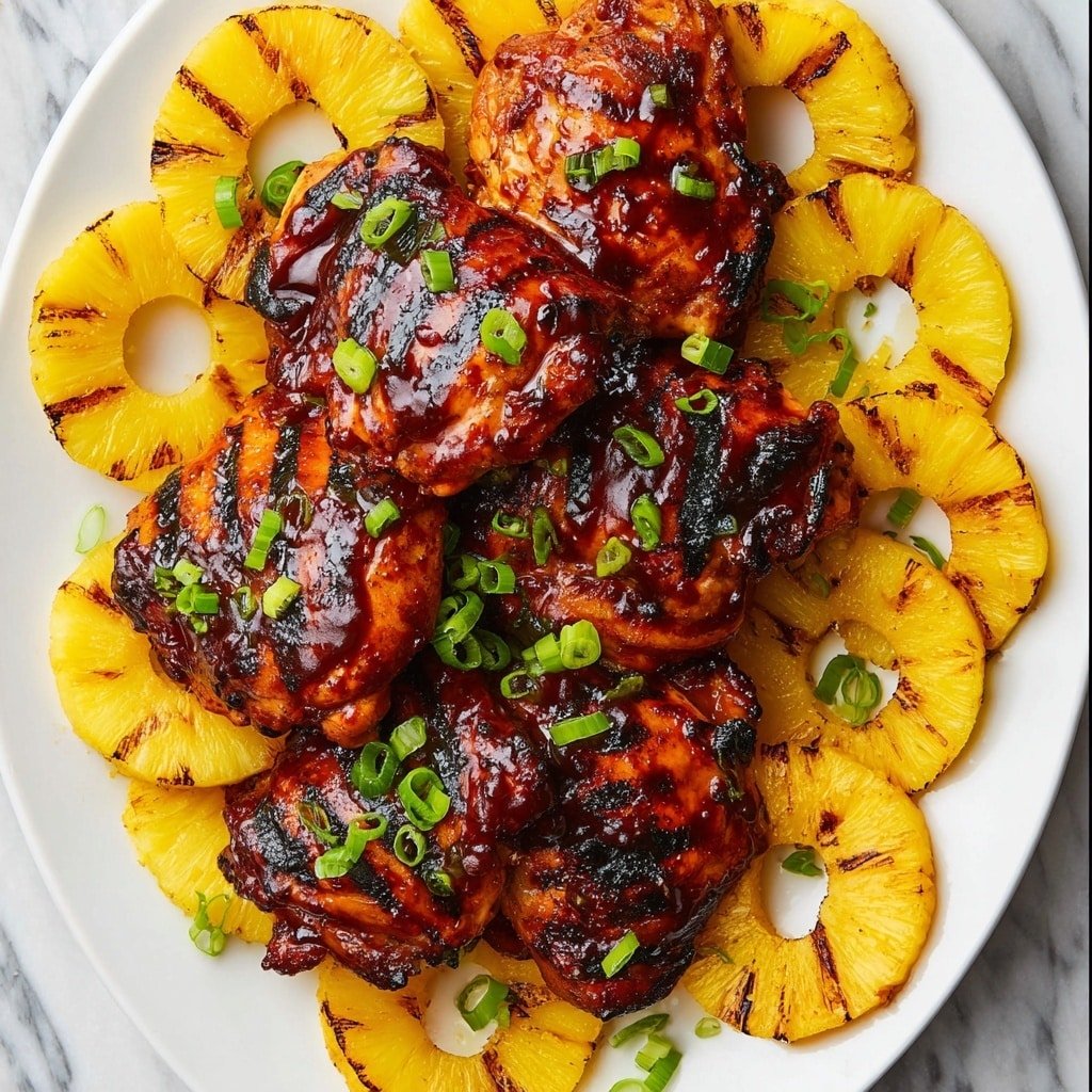 A white plate with six grilled chicken thighs stacked in the center, each piece glazed with a shiny dark reddish-brown sauce and sprinkled with chopped bright green scallions. Around the chicken, there are grilled pineapple rings with light yellow color and charred brown grill marks, arranged evenly in a circle on the plate. The background shows a white marbled surface, adding a clean look to the presentation. photo taken with an iphone --ar 4:5 --v 7