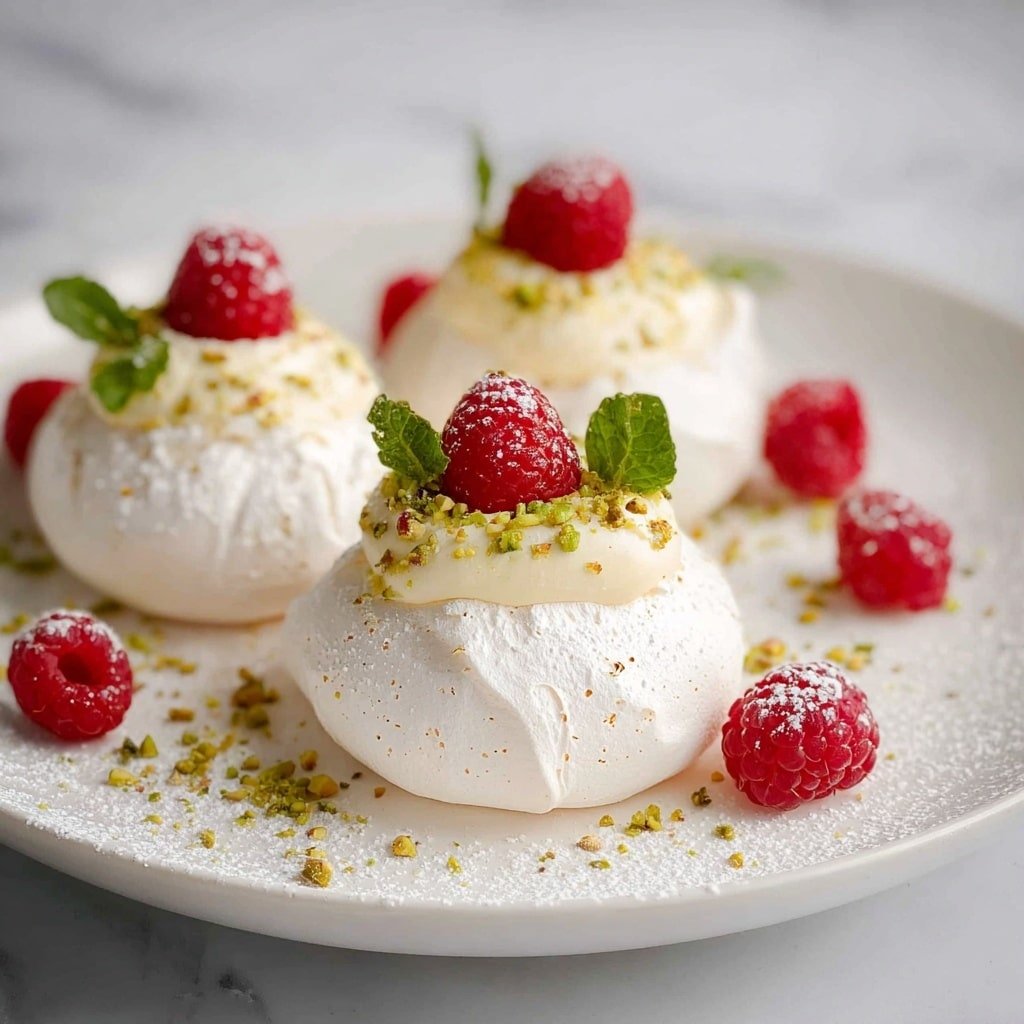 The image shows three white meringue nests on a white plate with a white marbled surface beneath, each with a smooth, slightly cracked texture and a light dome shape as the base layer. On top of each nest is a dollop of creamy, pale yellow filling with a soft, smooth texture. Each is topped with a bright red raspberry, a small green mint leaf, and sprinkled with crushed pistachios adding a greenish-brown color and crunchy texture. Around the nests are scattered more raspberries, mint leaves, and crushed pistachios, all dusted lightly with powdered sugar for a soft white finish. Photo taken with an iphone --ar 4:5 --v 7