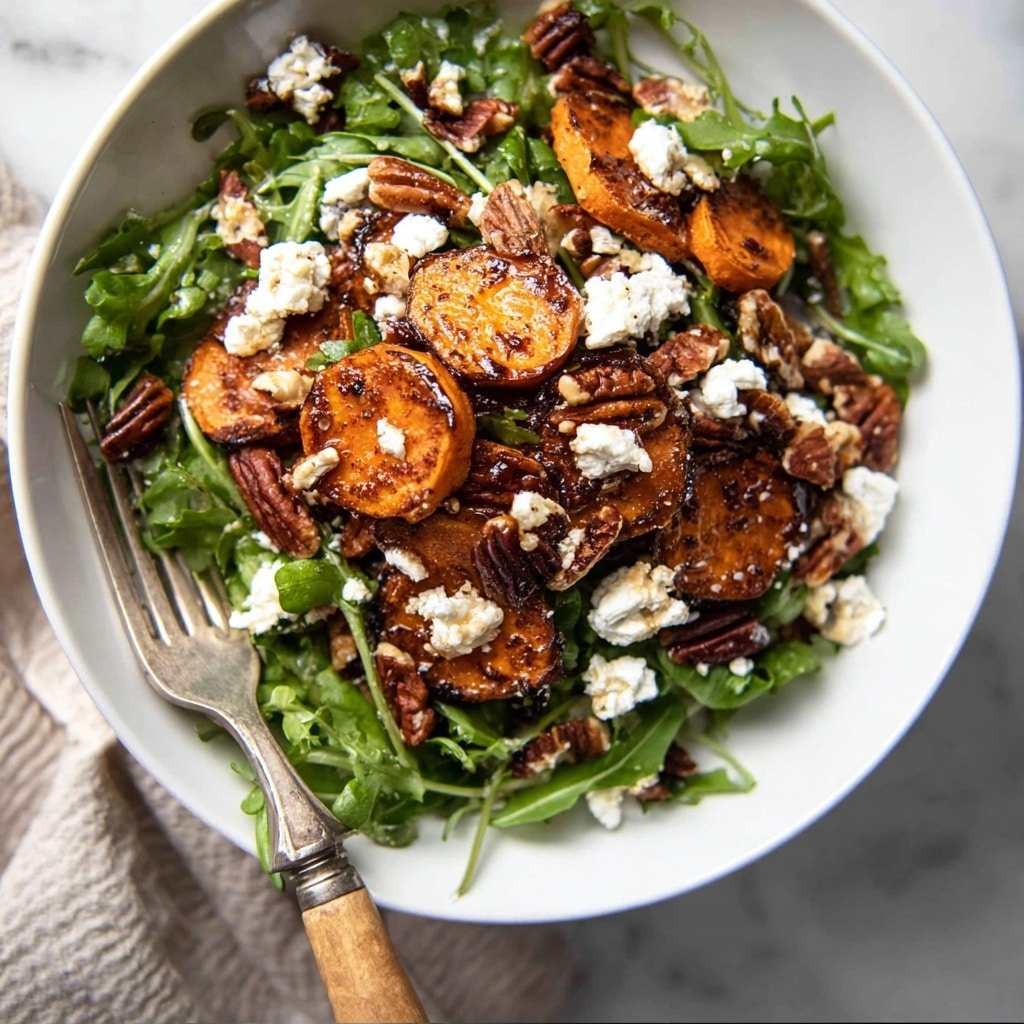 A white bowl holds a salad with three main layers. The bottom layer is fresh green leafy arugula, soft with a slightly ruffled texture. On top of the greens are thick slices of cooked sweet potato, browned and caramelized with crispy edges. The top layer is scattered with broken white goat cheese, soft and crumbly, and whole and halved toasted pecans, adding a rich brown and textured contrast. The setting surface is white marble. A silver fork with a wooden handle rests nearby. photo taken with an iphone --ar 4:5 --v 7