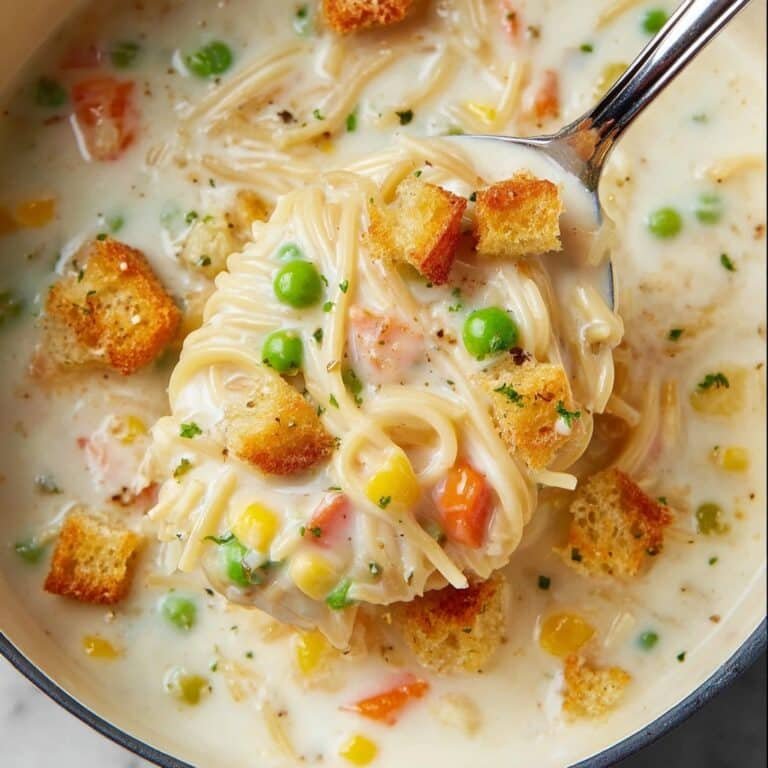 Creamy Chicken Noodle Soup with Mini Croutons Recipe