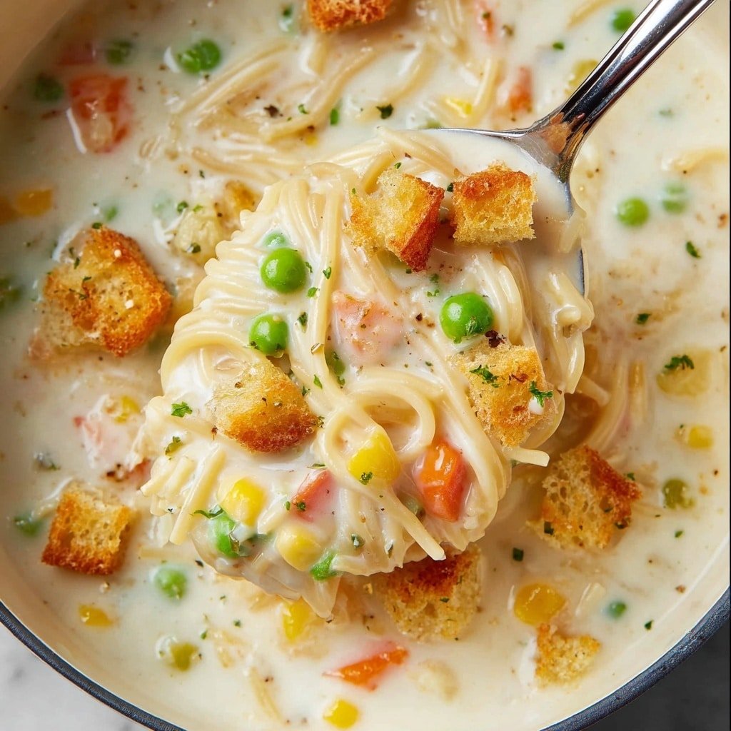 Creamy Chicken Noodle Soup with Mini Croutons Recipe