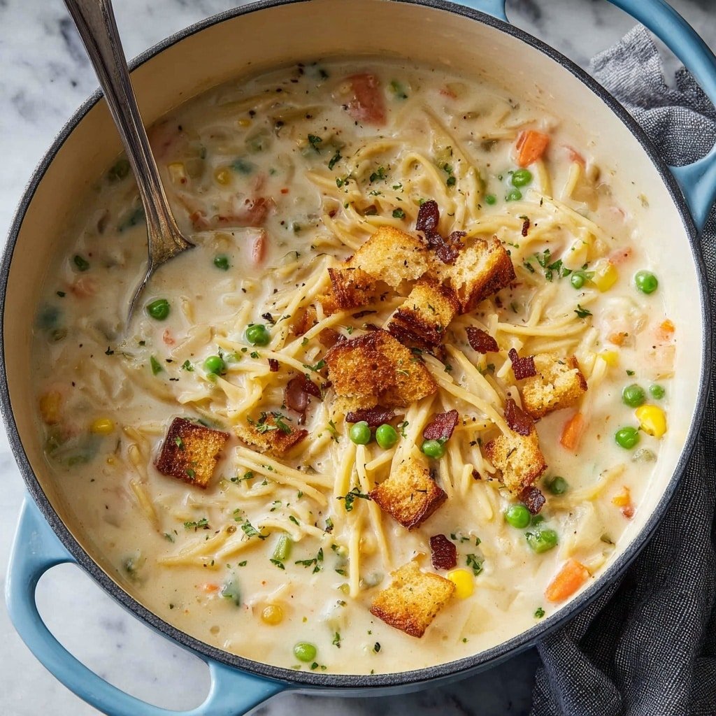 A close-up of a creamy white soup filled with thin noodle strands spread evenly throughout. The soup has small green peas, bright orange carrot cubes, pale yellow corn kernels, and small green celery pieces mixed in. There are golden brown croutons sprinkled on one side, with tiny green herb bits visible on the surface. A large silver spoon scoops up the soup, showing a thick, smooth texture with colorful vegetable and noodle layers in it. The background is a white marbled surface. photo taken with an iphone --ar 4:5 --v 7