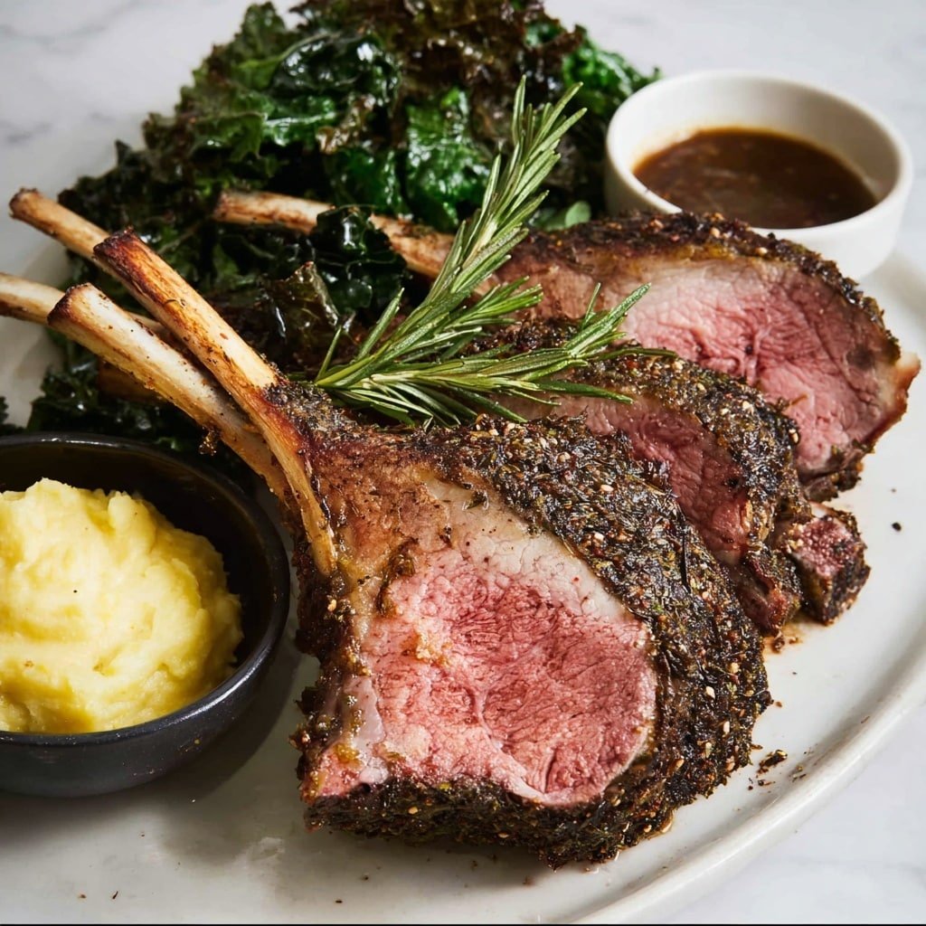 A white plate with four thick ribs of roasted meat covered in a dark, textured herb and spice crust, positioned at the bottom right with the bones extending to the right edge. Above it, two large slices show the inside, which is pink and tender with a slightly brown edge. To the top left of the plate, there is a pile of wilted dark green leafy vegetables with a few sprigs of fresh rosemary on top. At the bottom left, a small black bowl holds creamy, smooth yellow mashed potatoes. Next to it, a small white sauce dish contains a dark brown sauce. The plate rests on a white marbled surface. photo taken with an iphone --ar 4:5 --v 7