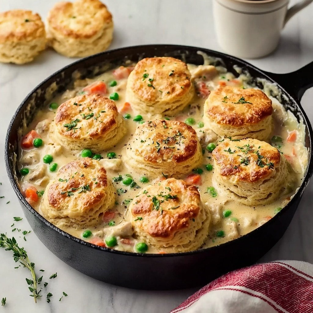 A black skillet filled with seven round, golden brown biscuits on top of a creamy stew containing chopped carrots, green peas, and small pieces of white meat in a light beige sauce. Two more biscuits and some green herbs are placed on the white marbled surface next to the skillet, with a woman's hand holding a white cup in the blurred background. A red and white striped cloth lies partially visible in the bottom right corner. The dish is warm and inviting, with steam rising gently. Photo taken with an iphone --ar 4:5 --v 7