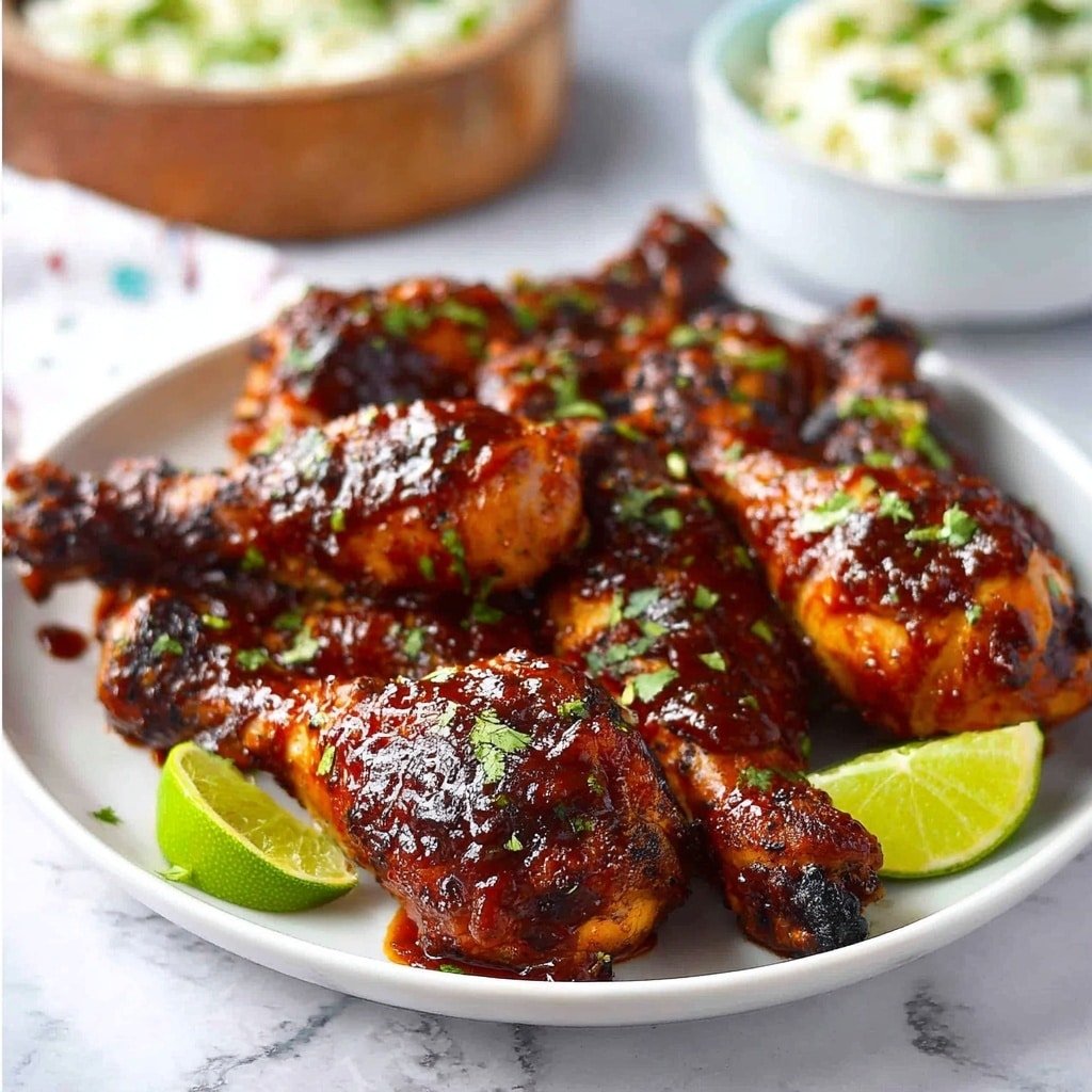 A white plate filled with eight dark brown grilled drumsticks covered in shiny barbecue sauce and sprinkled with small green cilantro leaves, the drumsticks sit closely together in the center. Around the edge of the plate are a few lime wedges with bright green and yellow skin. In the background, slightly out of focus, there is a white bowl filled with a creamy white dish topped with green garnish, all placed on a white marbled surface. Photo taken with an iphone --ar 4:5 --v 7