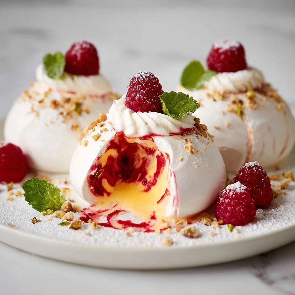 Pavlova Bombs: Mini Pavlova Balls Filled with Lemon Curd, Raspberry Coulis, and Whipped Cream Recipe