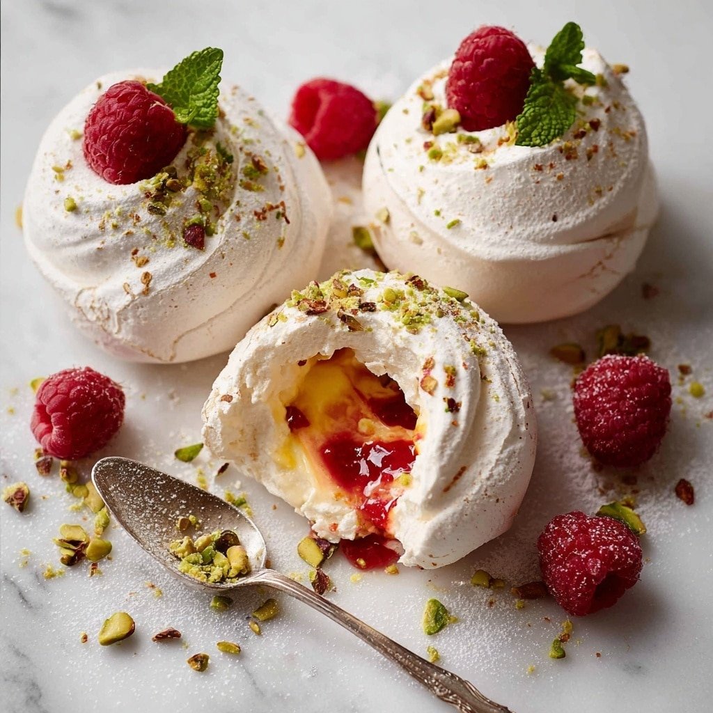 The image shows three white meringue nests placed on a white marbled surface. Each meringue has a crisp, slightly cracked outer shell with a smooth swirl texture and a hollow center. Two of the meringues are whole, topped with a single red raspberry, a small green mint leaf, and sprinkled finely with crushed pistachios. The third meringue is broken open, revealing a rich, creamy yellow custard filling with a glossy red berry sauce drizzled inside. Scattered around the meringues are whole raspberries, small green mint leaves, and more crushed pistachios with a light dusting of powdered sugar. A vintage silver spoon is placed partially inside the broken meringue, adding a touch of detail. photo taken with an iphone --ar 4:5 --v 7