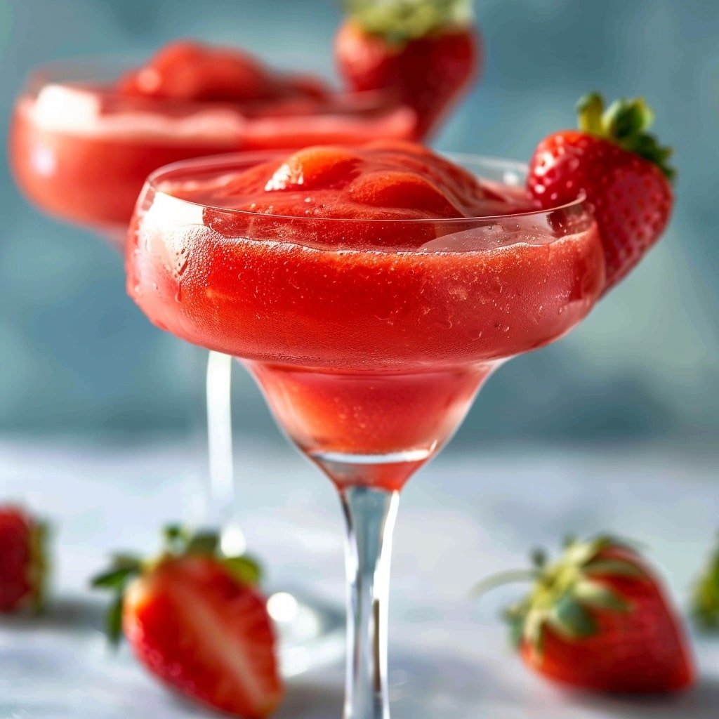 The image shows two clear glass margarita glasses filled with bright red frozen strawberry daiquiri. Each glass is filled with about three layers of thick, smooth red slushy with a juicy texture. A fresh whole strawberry with green leaves is placed on the rim of the glass in the foreground. The glasses sit on a light brown wooden surface with a soft blue and white background, the overall scene bright and fresh. Photo taken with an iphone --ar 4:5 --v 7
