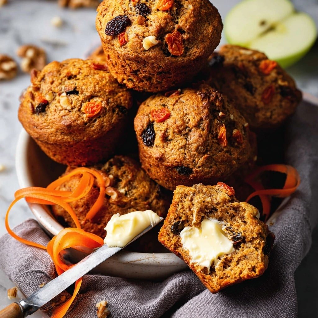 A stack of golden-brown muffins filled with dark raisins and small orange carrot bits sits in a white bowl lined with a gray cloth. One muffin is split open in the front, showing a soft inside with a melting layer of creamy butter spread on top. Thin, curly orange carrot peels and a green apple wedge lean against the muffins, with a few walnut pieces scattered nearby. A knife with butter on its tip rests near the open muffin, all set on a white marbled surface. photo taken with an iphone --ar 4:5 --v 7