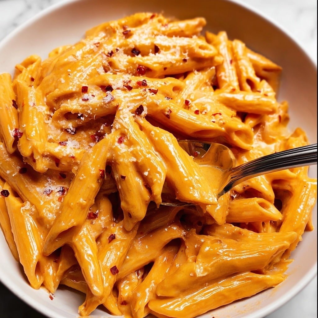 A close-up view of a white bowl filled with penne pasta covered in a creamy, smooth orange sauce. The pasta is well-coated, with some small red chili flakes sprinkled over the top and finely grated cheese scattered across the surface, adding a snowy texture. A silver spoon is scooping a portion of the pasta, shining slightly in the light, surrounded by individual ridged penne pieces, all sitting on a white marbled surface. photo taken with an iphone --ar 4:5 --v 7