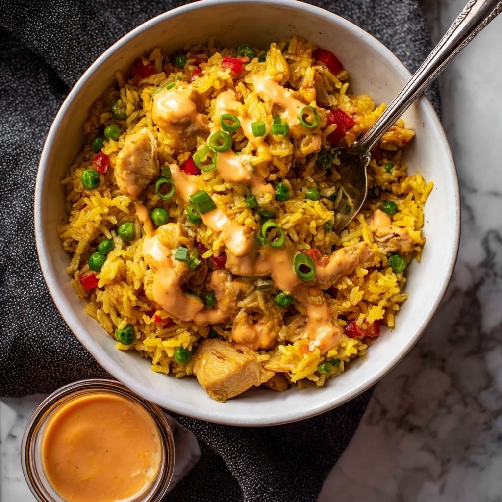 A white bowl filled with bright yellow rice mixed with small green peas and red bell pepper pieces, along with chunks of cooked chicken. The rice and chicken are topped with a creamy orange sauce drizzled unevenly, and sprinkled with chopped green onions. A silver spoon is placed inside the bowl, partially submerged in the rice mix. The bowl sits on a dark textured cloth with a small glass container of orange sauce nearby, all on a white marbled surface. photo taken with an iphone --ar 4:5 --v 7