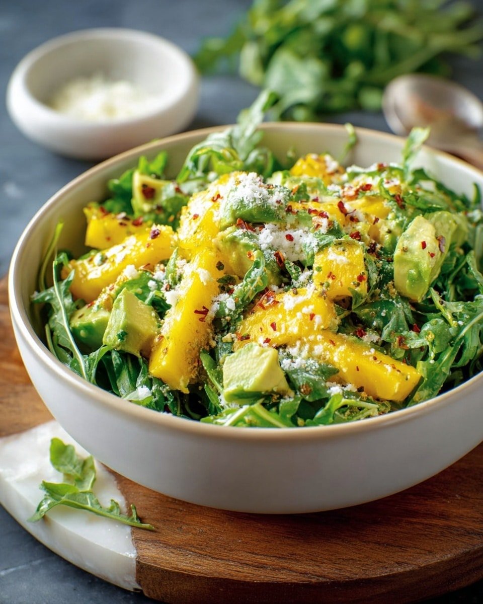 A round white bowl filled with a fresh salad, layered first with a bed of green leafy arugula. On top of the arugula, there are bright yellow chunks of mango and creamy green pieces of avocado scattered evenly. The salad is sprinkled with grated white cheese and small bits of red chili flakes, adding texture and color contrast. The bowl sits on a brown wooden round board, with a white marbled surface underneath, and blurred greens and a small white dish in the background. Photo taken with an iphone --ar 4:5 --v 7