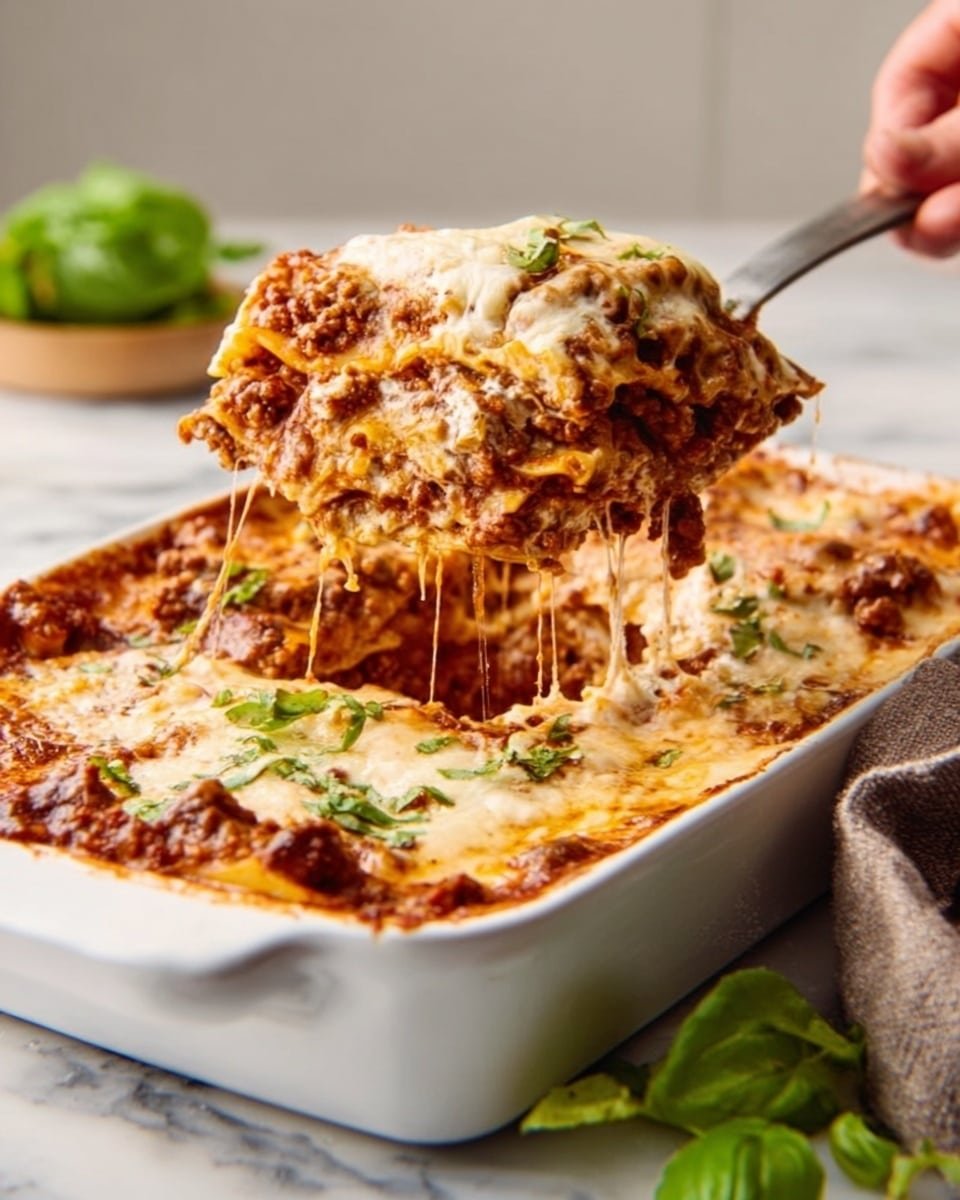 A white square baking dish filled with a thick, layered lasagna. The bottom layer is a slightly visible golden pasta sheet, followed by a rich, chunky dark red meat sauce that is thick and uneven. On top of the sauce, there is a melted layer of pale yellow and white cheese that looks soft and stretchy, covering the whole surface with some browned spots. The edges of the dish have some sauce dripping down, adding a messy but appetizing look. The dish is placed on a white marbled surface with some soft natural lighting, highlighting the textures and colors. photo taken with an iphone --ar 4:5 --v 7