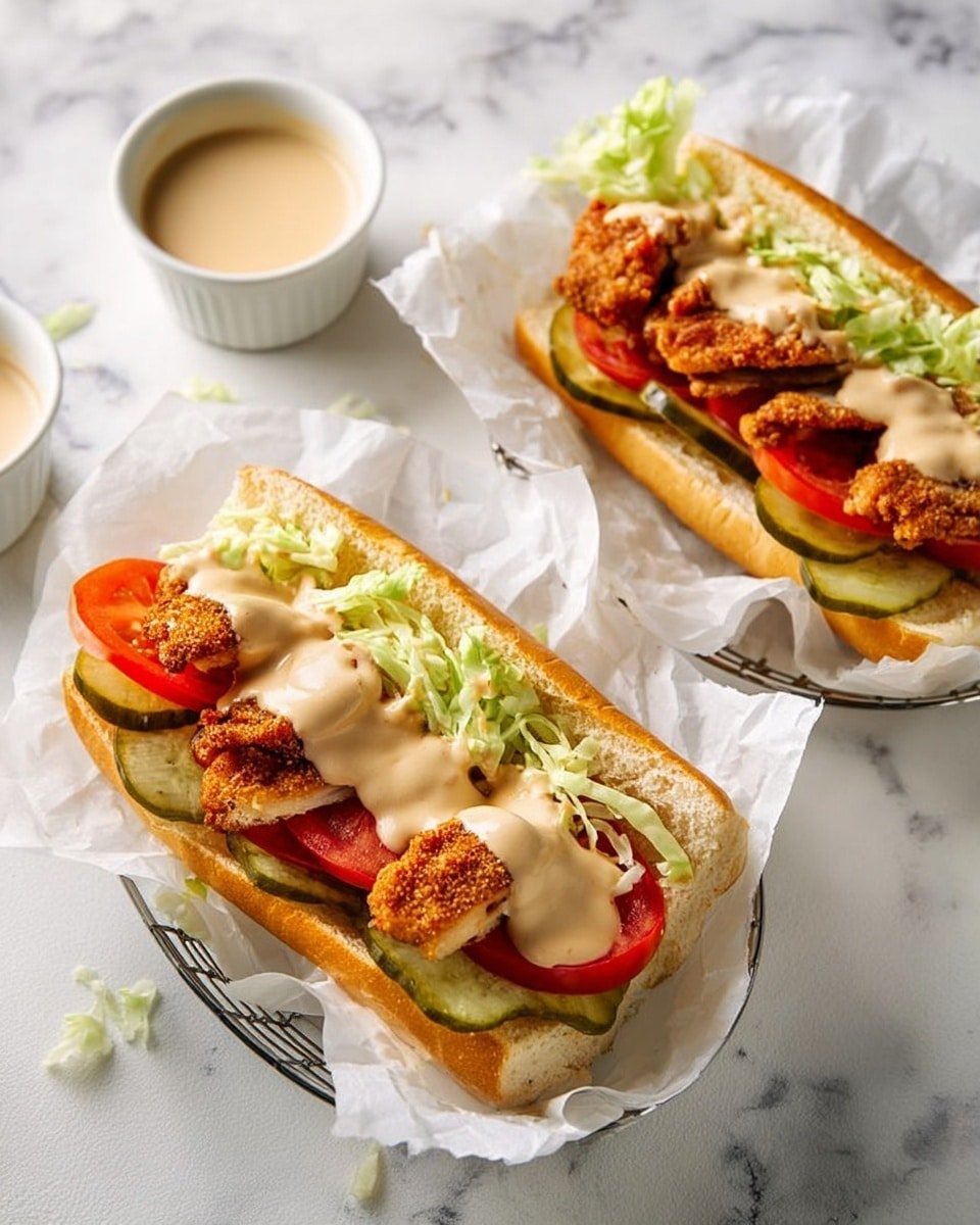 Two sandwiches sit on white wire plates lined with white parchment paper, placed on a white marbled surface. Each sandwich shows a white hoagie roll filled with layers: green pickle slices at the bottom, followed by shredded pale green lettuce, thick red tomato slices, and golden brown crispy pieces of fried chicken on top. A creamy light beige sauce is drizzled over the chicken and lettuce. Next to each plate is a small white cup filled with the same creamy sauce. A woman's hand is partially visible near the top sandwich. photo taken with an iphone --ar 4:5 --v 7