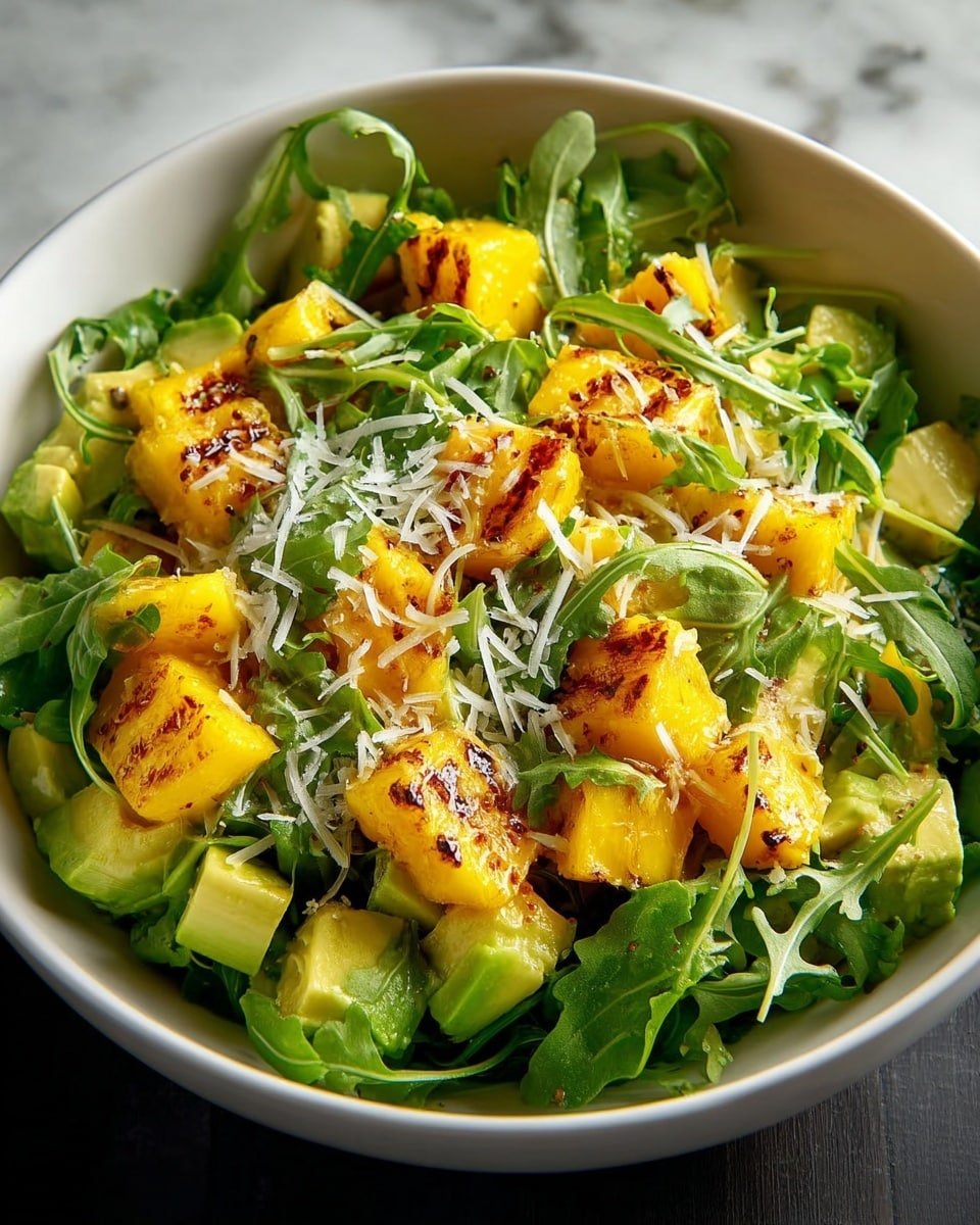 A white bowl holds a fresh salad with three main layers: the bottom layer is made of light green chunks of avocado; on top of this are bright yellow cubes of grilled mango with slight brown grill marks; the final layer consists of vibrant green arugula leaves scattered all over. Fine white shreds of cheese are sprinkled on the top, slightly melting into the mango and greens. The background is a white marbled texture. Photo taken with an iphone --ar 4:5 --v 7